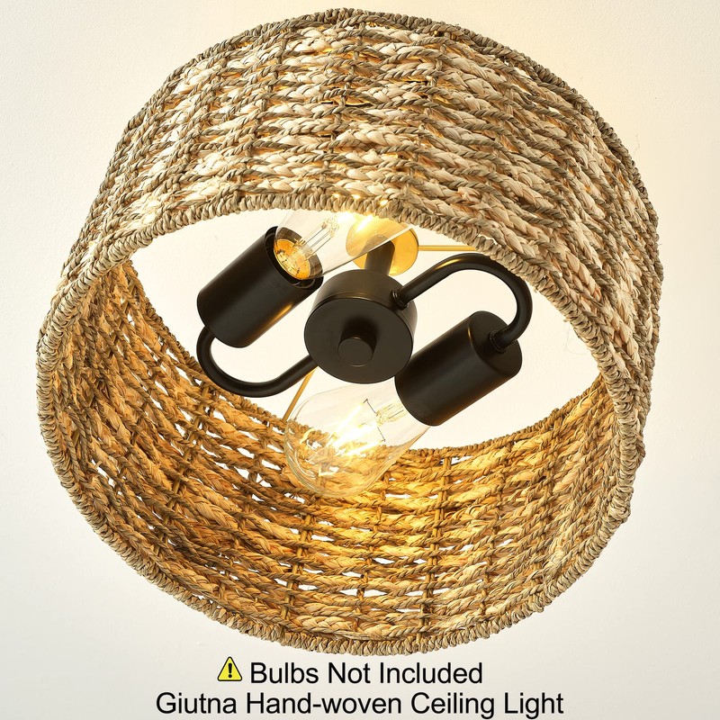 Giutna 13"Rattan Ceiling Light Fixture Flush Mount, 2-Light Boho Rattan