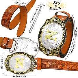 RechicGu Western Belts for Men Women, Initial Letter N Big Buckle with Brown Leather Longhorn Bull Engraved Cowboy Belt S