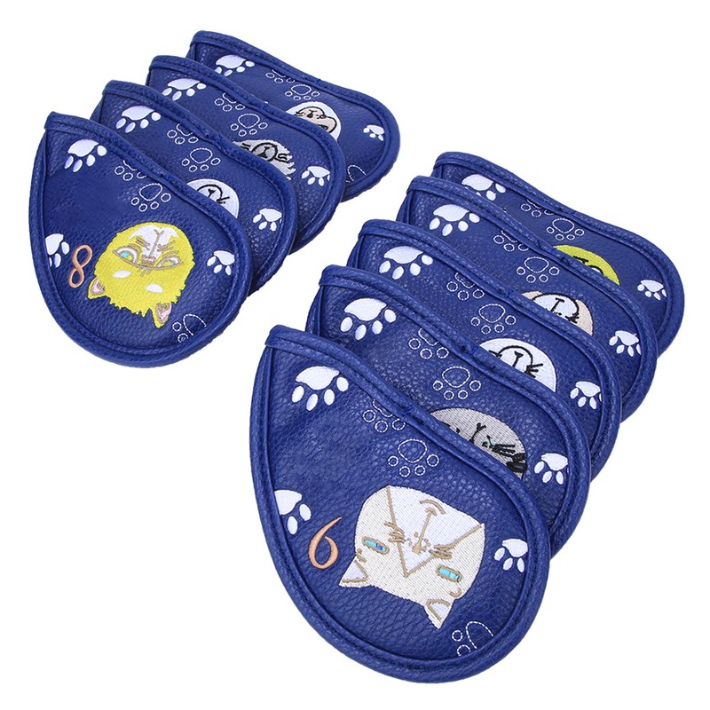 9PCS PU Leather Embroidery Waterproof Golf Putter Head Cover Iron