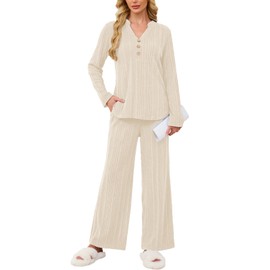 VUTRU Womens Ribbed Knit Lounge Set Long Sleeve Top and Long Pants 2 Piece Outfits Pajamas Sets Sleepwear PJ Sets Beige