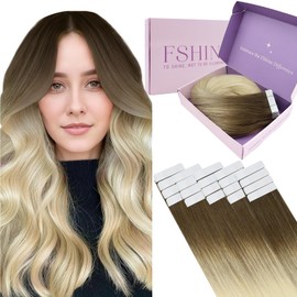Fshine Tape in Human Hair Ombre 16 Inch Balayage Walnut Brown to Ash Brown and Bleach Blonde Hair Extensions 20pcs Long Straight Hair Tape in Extensions Skin Weft 50g Tape in Extensions