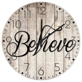 Autravelco 15 Inch Silent Non-Ticking Wall Clocks Battery Operated Believe Home Decoration for Patio Cursive Word Art Black Letters Rustic Round Wooden Wall Clock Vintage for Garden Entryway