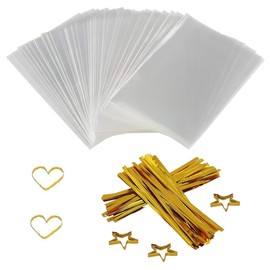 COOLAKE Clear Treat Bags 200 PCS (4" by 6") Cellophane Bag Clear Candy Bags with 200PCS Twist Ties for Wedding Gift Cookie Candy