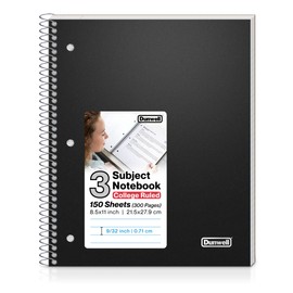 Dunwell 3-Subject Notebook College Ruled, 150 Sheets (300 Pages), Black Plastic Cover, Three Pocket Dividers, 3 Subject Spiral Notebook 8.5x11, Multi Subject College Ruled Notebook 3 Subject