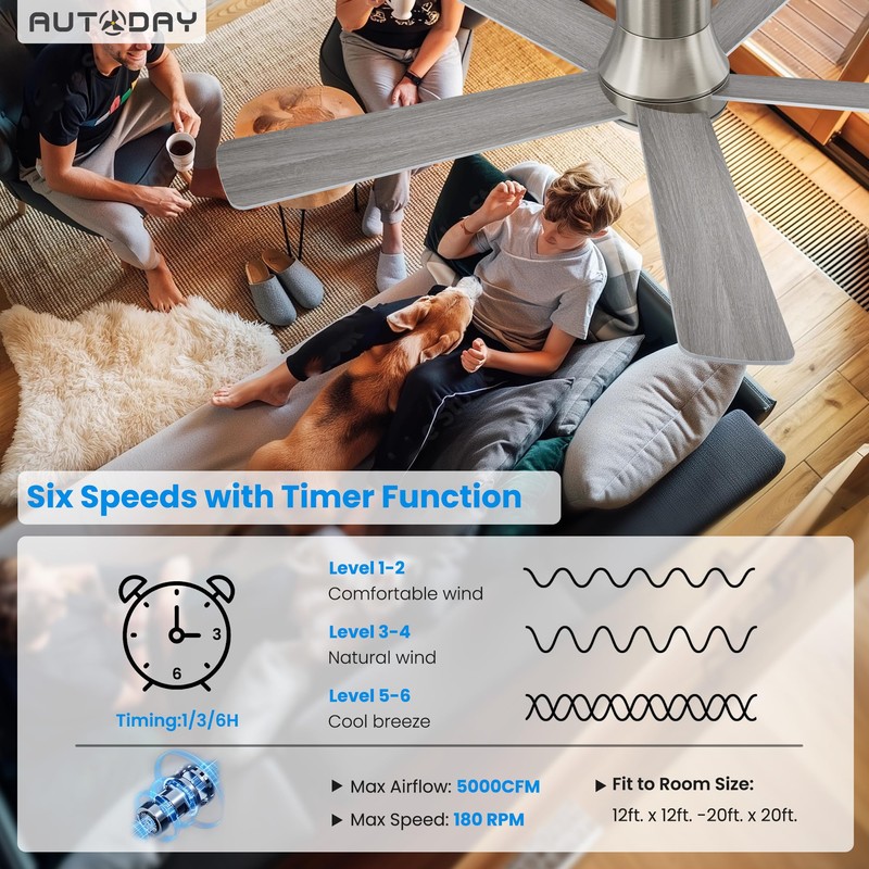 Autoday 52 Inch Low Profile Ceiling Fan with Light, Burshed