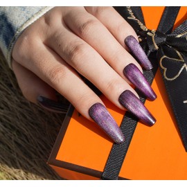 Pumkryth Handmade Coffin Press on Nails with Design-Premium Cat Eye Galactic Glitter Fake Nails,Exquisite Design Ombre Glossy Shining False Nail Acryli Nail Manicure Art for Girls Ladies Women（SIZE:M）