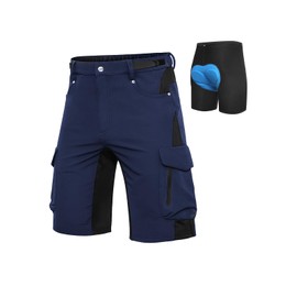 Cycorld MTB Men’s Cycling Shorts - Quick-Drying MTB Shorts - Men’s Mountain Bike Shorts - Baggy Bike Shorts / Breathable Cycling Shorts with Adjustable Velcro Fasteners. (Neus Mtb Shorts) - Navy blue + blue pad, size: l