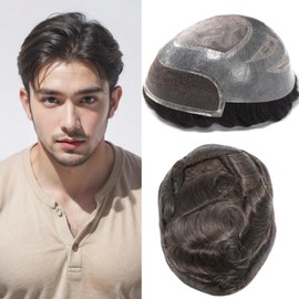 blazingfire Toupee Hair System for Men Human Hair Natural Hairline French Lace Front Mens Toupee Hairpieces Fine Mono Hair Prosthesis Replacement Male Toupee 8x10 Inch #2 Darkest Brown