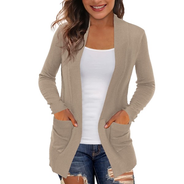 REDHOTYPE Womens Cardigans with Pockets Casual Long Sleeve Open Front Cardigan for Women, Camel Heather, L