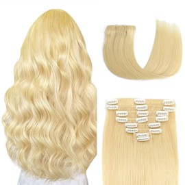 Clip in Hair Extensions Real Human Hair Clip ins 100% Human Hair Extension for Women Clip in Extensions 8pcs Per Set with 18 Clips Double Weft (22 Inch 90g #613 Bleach Blonde)