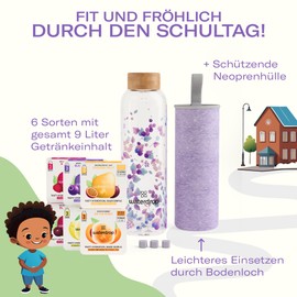 waterdrop® Schulstart Set – Trinkflasche Kinder – 18 zuckerfrei Getränkewürfel zum Auflösen – 6 fruchtige Sorten – 600ml Glasflasche auslaufsicher – Kohlensäure geeignet – Einschulung, Schulanfang