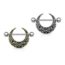 Pierced Owl Vintage Filigree Crescent Moon Nipple Shields, Sold as a Pair (Antique Silver Tone)