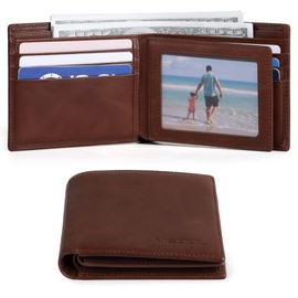 VISOUL Leather Wallets Bifold for Men with 2 ID Windwows, Men's Designer Card Holder Wallets with RFID Blocking (Brown)
