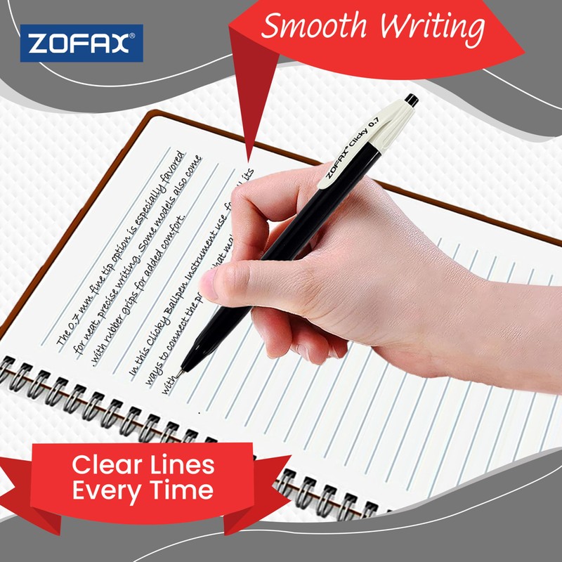 ZOFAX Clicky Retractable Ballpoint Pens, BLACK, Fine Point (0.7mm), Pack