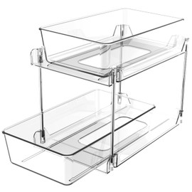 Clear Under Sink Organizers, Pull Out Cabinet Organizer,2 Tier Bathroom Storage Organizer,Cabinet Drawers Organization Bins with Track for Kitchen,Pantry,Fridge,Vanity