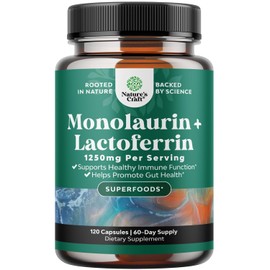 Natures Craft High Strength Lactoferrin & Monolaurin Supplement - Microbiome Digestive Health Immune Support Supplement - 250mg Lactoferrin and Monolaurin 1000mg Capsules - Vegetarian (60 Servings)