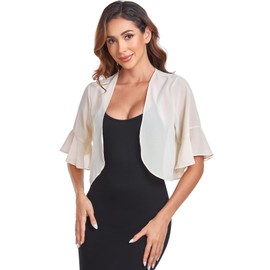 Womens Bolero Shrug Chiffon Short Sleeve Open Front Sheer Cropped Cardigan for Dresses(Champagne,M)