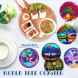 Rongxze Pack of 8 Diamond Painting Coasters with Holder, Tree of Life Diamond Painting Coasters, Round Magic Tree Diamond Painting Pictures Coasters for Cups Adults Children (10 cm)
