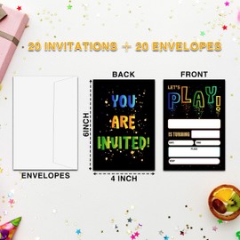 Ycyfckdr Playground Birthday Invitations For Kids Girls Boys, Neon Let's Play Birthday Party Invitation Cards, Birthday Party Decor Supplies - 20 Fill In Invitations With Envelopes (D08)