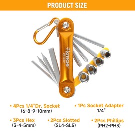 Hoteche 12-Piece Folding Socket and Screwdriver Bit Set – Compact CR-V Tool Kit with Anodized Aluminum Frame | 1/4" Drive Sockets (6-10mm), PH2/PH3, Slotted, Hex, Socket Adapter | Satin Finish