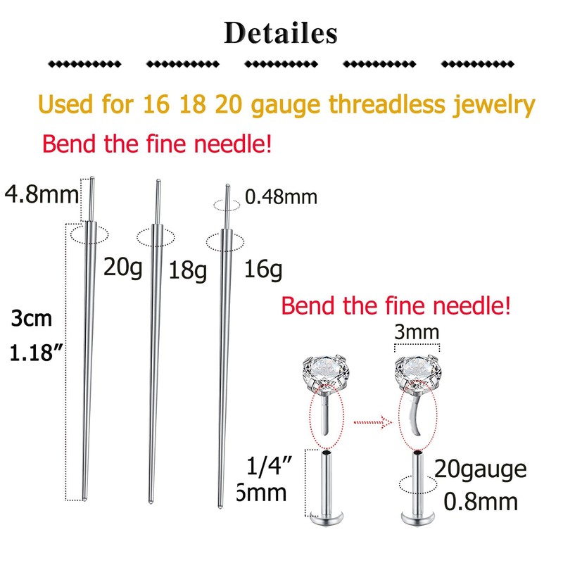 WillTen 4Pcs Piercing Taper Labret Insertion Tool, Flat Back Earring