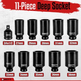 WETT 1/2" Drive Deep Large Impact Socket Set, 11-Piece Spindle Axle Nut Wheel Wrench Sockets Set, Jumbo Metric 6 Point Sockets with 3/4 to 1/2 Adapter, CR-MO, (27mm-38mm)