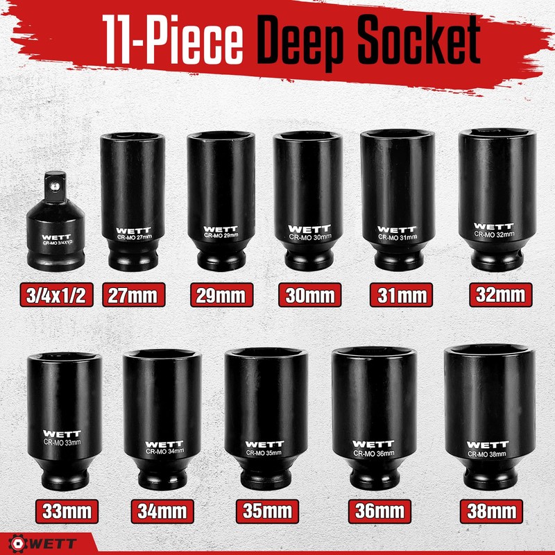 WETT 1/2" Drive Deep Large Impact Socket Set, 11-Piece Spindle