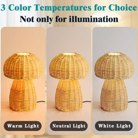 Rattan Boho Table Lamp, 3 Color Modes Small Wicker Mushroom Nightstand Lamp Cute Coastal Light for Bedroom Living Room Desk Entrance Corner