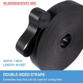 1 in x 90 ft Hook and Loop Roll | Double-Sided Strips, Self-Gripping Straps | Reusable Multi-Purpose Wrap Fasteners for Home, Office, Data Center, and More