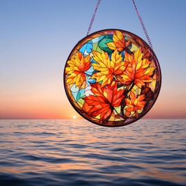 Autumn Stained Glass Window Hanging, 8''/20CM Maple Leaves Suncatchers for Windows Autumn Decorative Hanging Ornaments Stained Glass Window Panel Gift for Thanksgiving Chirstmas Fall Decorations (B)