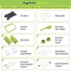SushiQuik PLUS | Sushi Making Kit BEST for Beginners and Kids | 2 Roll Cutters, Chopstick Trainers, Triangle Onigiri Molds | How to Videos and Recipes