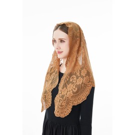 Wgior Elegant Lace Chapel Veil for Women - Floral Design, Traditional Prayer Headscarf, Church or Religious Events (Brown)