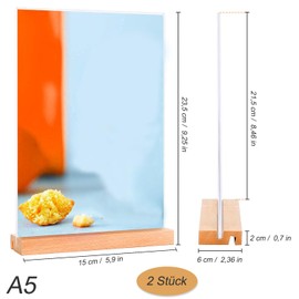 Pack of 2 Acrylic Stands, A5, T Shape Table Stand, Menu Card Holder, Dual Card Slot, Poster Stand, Card Holder, Transparent, Sign Holder with Wooden Base for Restaurant, Cafe, Shop