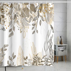 Aqrbeci Grey Tan Leaves Shower Curtain, Rustic Watercolor Plant Leaves Shower Curtains for Bathroom Waterproof Fabric Bath Curtain 72x72 Inch with 12 Plastic Hooks
