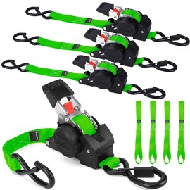 Retractable Ratchet Straps, 1763lb Break Strength Green Self Retracting Ratchet Straps Heavy Duty with Soft Loops, 1'' x 10FT Auto Tie Down Straps Easy Retract for Motorcycle, Truck, Cargo, 4 Pack