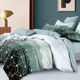 Soifox Double Duvet Set Microfiber Green Double Bedding Set with 2 Pillowcases, Breathable Non Iron Reversible Geometric Duvet Double Cover Set with Zipper Closure, 3Pcs, 200x200cm