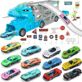 KAEGREEL Dinosaur Trucks Toys for Kids Boys 3 4 5 6 7 8 Year Old, 33Pcs Vehicle Playset with 12 Catapult Cars & Foldable Dinosaur Transport Truck Dino Truck Toys Gifts for Kids Toddlers Birthdays Xmas