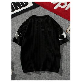 BEAUDRM Women's Y2K Jersey Shirts Oversized Number Crochet Hollow Out Jersey Tee Sweater Crew Neck Short Sleeve Knit T Shirts Black X-Large