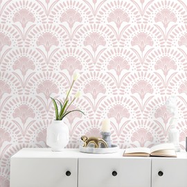 Vinjiasin Pink Floral Wallpaper Peel and Stick Wallpaper Modern Flower Contact Paper Pink and White Geometric Self Adhesive Removable Wall Paper for Bedroom Bathroom Accent Wall Vinyl Roll 17.3"x78.7"