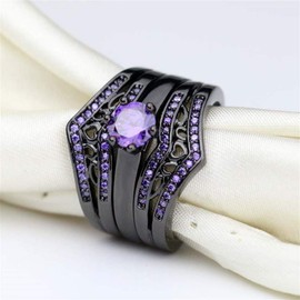 wedding ring set Two Rings His Hers Couples Matching Rings Women's 2pc Black Gold Filled Amethyst CZ Wedding Engagement Ring Bridal Sets Men's Titanium Wedding Band, Crystal stone Metal, Cubic Zirconia