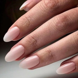 Almond Gradient Pink False Nails - 24Pcs Glossy Short Press on Nails - White French Tip Fake Nails with Glue - Full Cover Acrylic Nude Pink Stick on nails for Women Girls Nail Art DIY