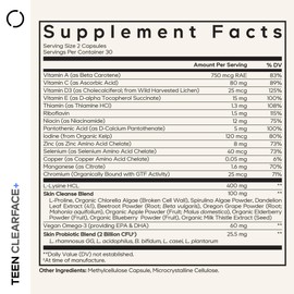 Codeage Teen Clearface Adolescent Face, Skin & Pimples, Vitamins A, C, D3, E, Pantothenic Acid, Niacin, Zinc Supplement Teenagers, Probiotics, L-Lysine, Omega-3, Oily Skin, Pores, Spots - 60 Capsules