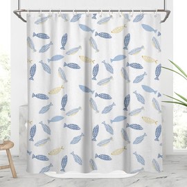 AAtter Fish Shower Curtain Nautical Coastal Blue and White Fishing Ocean Kids Toddler Boys Lake Animal Cartoon Beachy Under The Sea Goldfish Abstract Cool Home Bathroom Decor Bathtub Set, 60x72, Fun