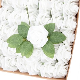Yaqulen 60Pcs Artificial Rose Flowers, Real Looking Fake Roses for Decorations, Foam Rose Bulk with Stems for DIY Wedding Bouquets Floral Arrangements Bridal Shower Party Home Decor (60, White)