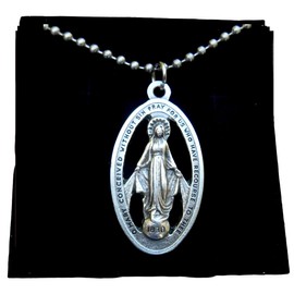 Large Miraculous Medal, Miraculous Necklace, 30" Stainless Steel Ball Chain, Our Lady of Grace, Italian Medal, Large Silhouette Miraculous Medal 1 1/2 inch
