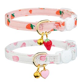 2 Pack Cotton Breakaway Cat Collar Pink Strawberries and White Heart Shaped Pendant Cute Kitten Cat Collar with Bell
