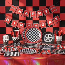 Uiifan 171 Pcs Race Cars Party Supplies, Iridescent Cars Theme Birthday Decorations Black Red Checkered Plates Napkins Cups Tablecloths Banner Knifes Forks for Boys Racing Supplies, Serve 24