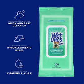 Wet Ones for Pets Hypoallergenic Multi-Purpose Dog Wipes with Vitamins A, C & E No Fragrance Hypoallergenic Dog Wipes for All Dogs Wipes Multipurpose Pouch Dog Wipes (Pack of 1, 100 Count Total)