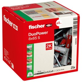 Fischer DuoPower 8 x 65 S, Powerful Universal Plug with Safety Screw, Intelligent 2-Component Technology for fastenings in Concrete, Bricks, Stone, etc., 25 Plugs & 25 Screws