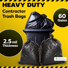 Lime Linen 60 Gallon Heavy Duty Contractor Xl Black Garbage Bags | Industrial, Construction & Yard Waste | Tear Resistant | 20 Pack, Extra Thick 2.5 Mil, Tie Bags, Interleaved On Roll Secure Closure